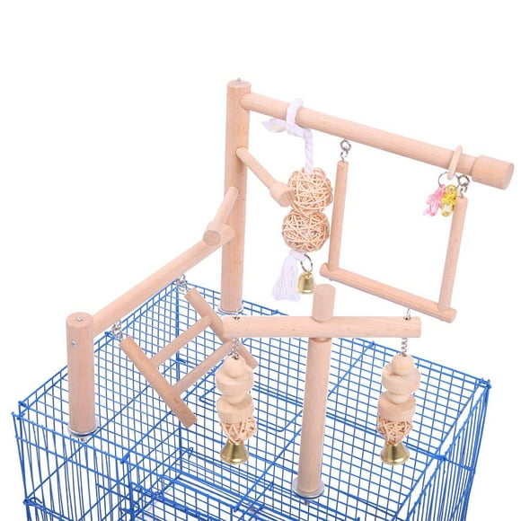 QBLEEV Bird Cage Play Stand Toy Set-Birdcage Wood Stands Hanging Chew Toys Ladder Swing Parrot Perch Play Gym Playground Accessories Activity Center for Conure, Parakeets, Budgie, Cockatiels