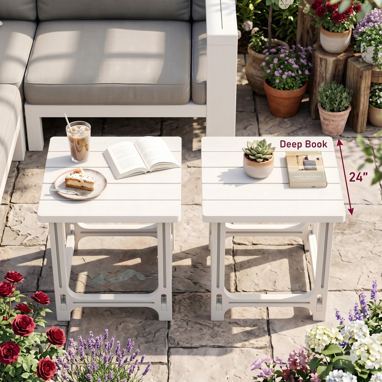 Furnibear Set of 2 18 Inch Square Outdoor HDPE Adirondack Side Tables with Slatted Top and X Panels for the Patio, White