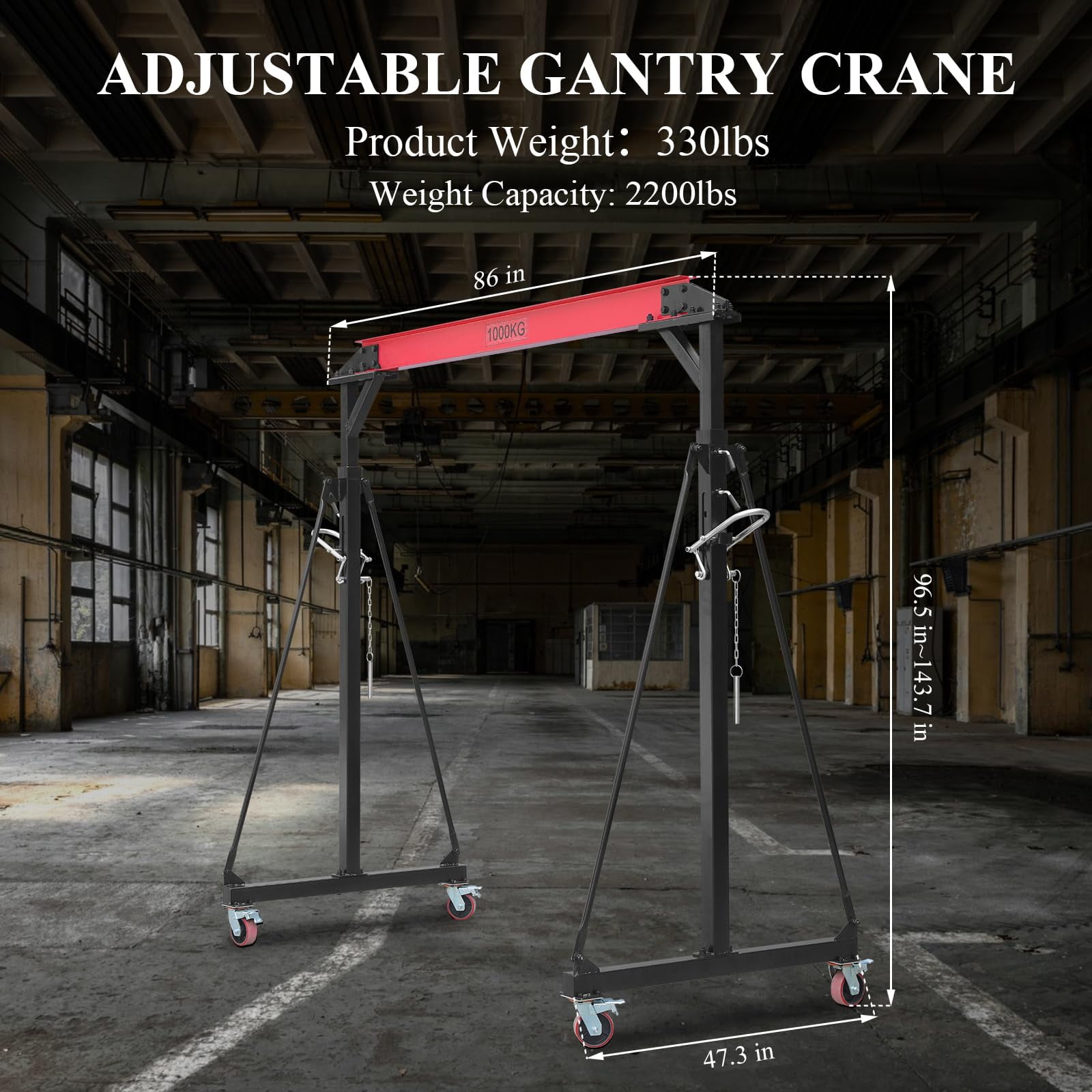Adjustable Gantry Crane, 2200LBS Capacity Shop Lift Hoist Rated, Portable Design with 360°Locking Wheels,Gantry Crane Adjustable Height from 96.5" to 143.7" fit for Workshop,Garage,Factory