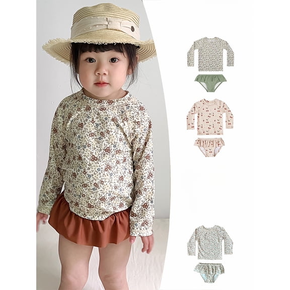 LYMAYTER Toddler Girls 2PC Swimsuit Kids Ruffled Long Sleeve Swimwear Print Beach Bathing Suit 12M-8Y