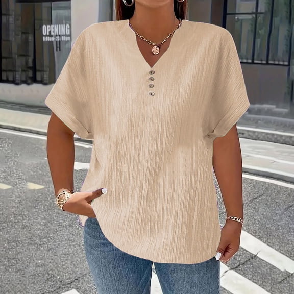 Womens Tops Casual Solid Color Button V Neck T Shirt for Women Plus Size