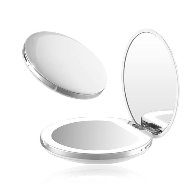 Espejo de aumento compacto, espejo de viaje recargable con luz, espejo de maquillaje pequeño, espejo portátil plegable, espejo de bolsillo para bolso (blanco)