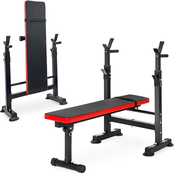 Adjustable Folding Multifunctional Workout Station Adjustable Workout Bench with Squat Rack-Black/Red