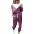 thumbnail image 3 of Yeaiivve Womens Two Piece Outfits Color Block Casual Sweatsuits Jogging Matching Suits Crewneck Long Sleeve Pullover and Drawstring Sweatpants Set Purple S, 3 of 5