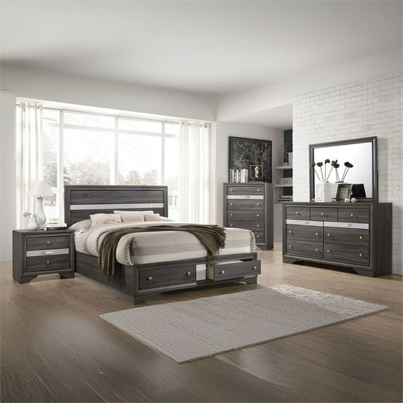 Matrix Traditional Style Full 5 PC Storage Bedroom Set made with Wood in Gray
