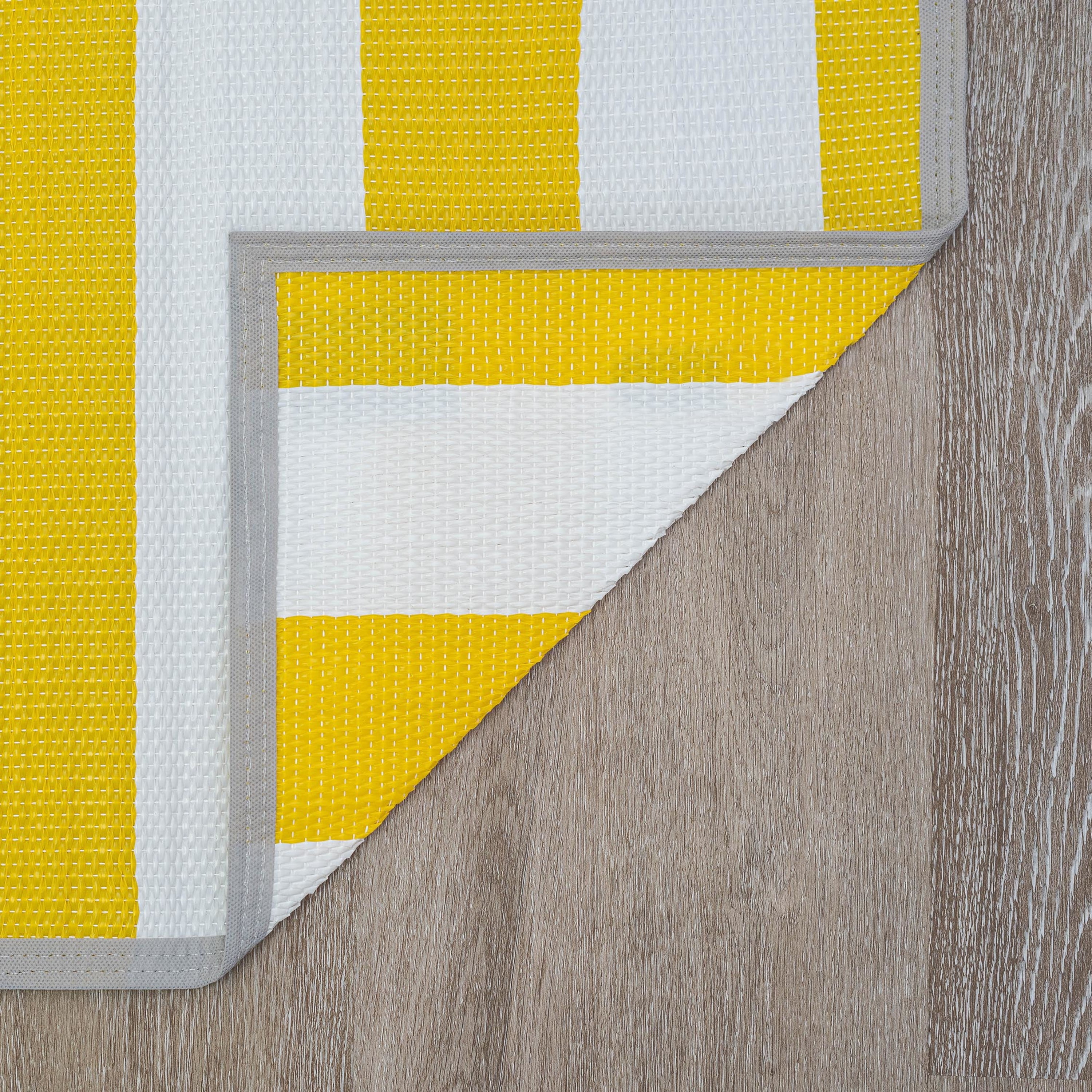 Luna Contemporary Stripe Yellow and White Polypropylene Reversible Plastic Straw Outdoor Area Rug, 5' x 6'11'' Rectangle