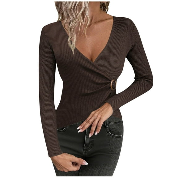 TFEOQRY Women's Wrap V Neck Sweater Long Sleeve Ribbed Knitted Casual Pullover Fall Winter Top Coffee