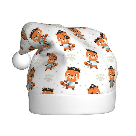 KLL Christmas Hats for Adults Plush Cute Little Pirate Red Panda Print Santa Hat Xmas Fluffy Santa Claus Hat for Women Men