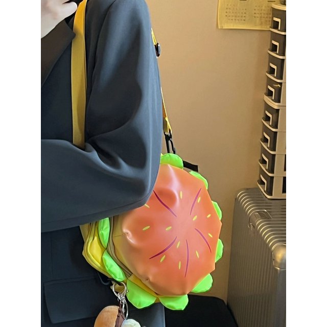 Bolso bandolera de hamburguesa de PU de gran capacidad para mujer Mochila de viaje divertida (Amarillo)