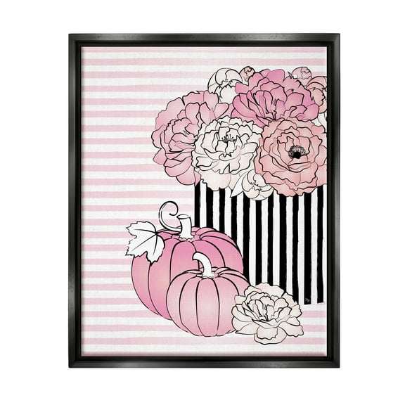 Stupell Industries Pink Florals & Pumpkins Botanical & Floral Painting Black Floater Framed Canvas Art Print Wall Art, 17 x 21