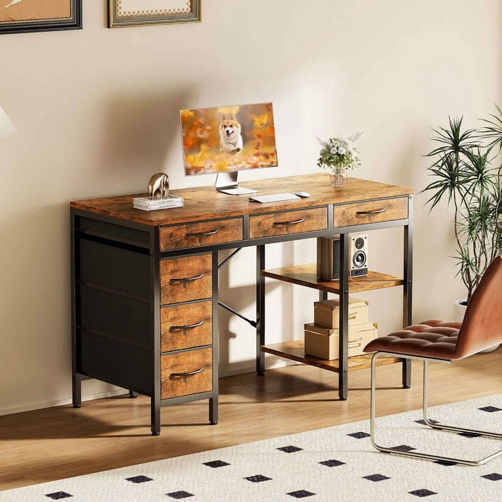 Kelno 47 Inch Computer Desk with 6 Fabric Drawer Storage Shelf Gaming Writing Table, Rustic Brown