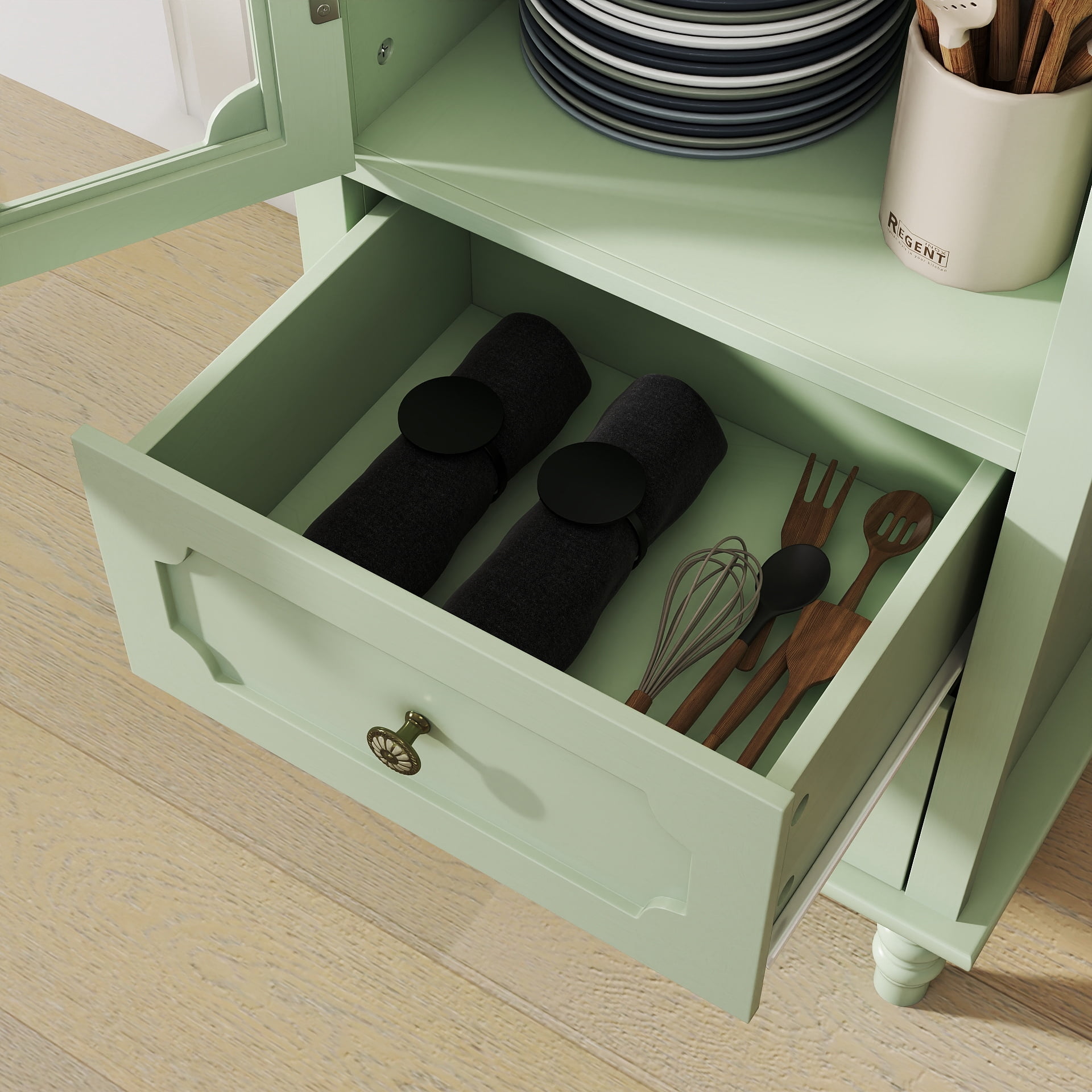 Aukfa Tall Buffet Pantry Cabinet,2 Drawers Wood Sideboard Cupboard for Dining Room Hallway Entryway,Green