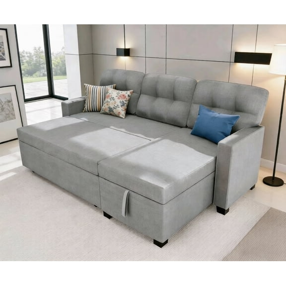 Howcool 82" Convertible Sleeper Sofa with Pull Out Bed, L-Shaped Sectional Couch with Storage Chaise, Linen Fabric Sofa with USB Charging Ports for Living Room Apartment Small Space,Light Grey