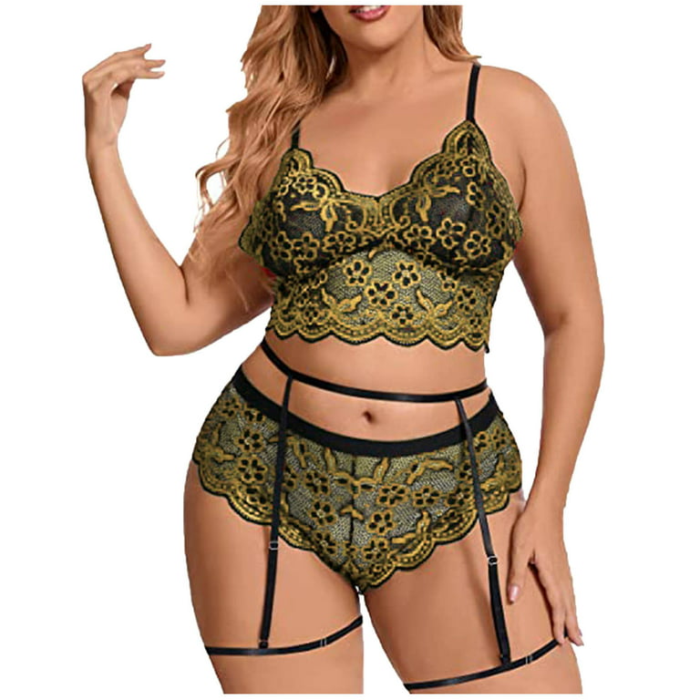 Tagold Womens Plus Size Sexy lingerie,Plus Size Sexy Women Lace Hollow Out  Babydoll Underwear Sleepwear Intimates Thong With Garter Panty Lingerie Set
