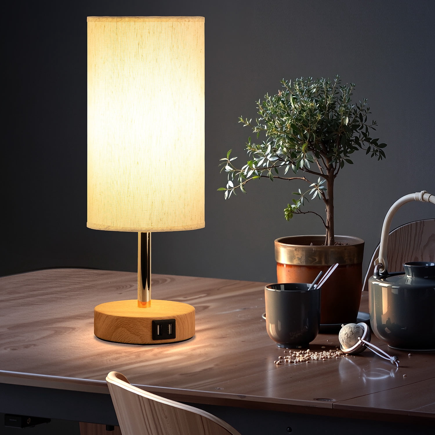 Yarra-Decor Bedside Lamps Set of 2 with USB Charging Ports - Touch Control Table Lamp for Bedroom Wood 3 Way Dimmable Nightstand Lamp with Round Flaxen Fabric Shade for Living Room,Dorm,Office
