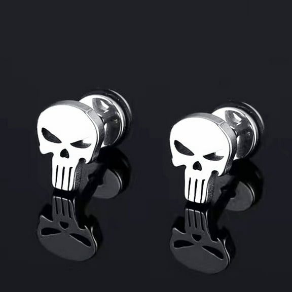 Silver Punisher Skull Stud Earrings for Men, Hypoallergenic Stainless Steel Earrings
