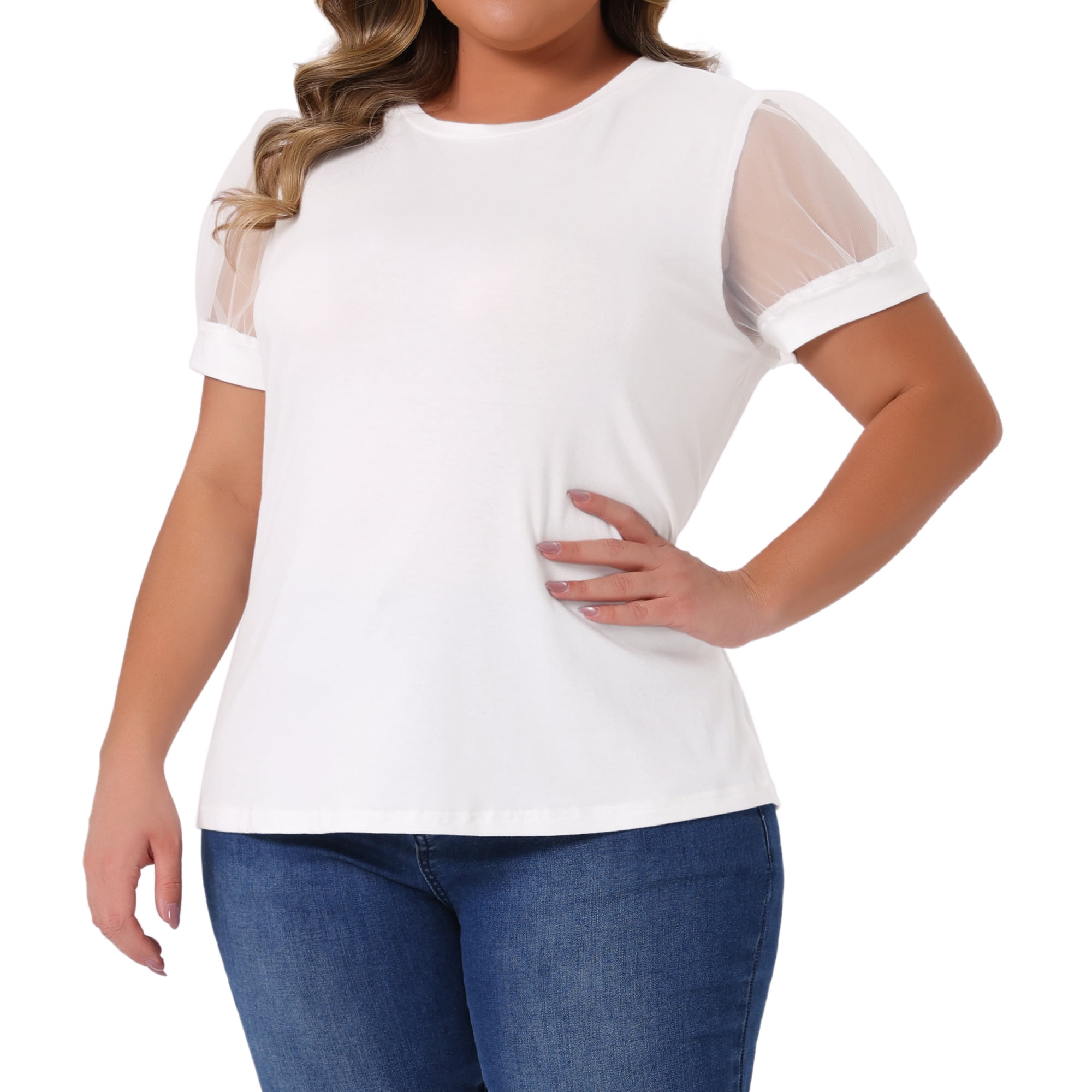DARING DIVA Women's Plus Casual Crew Neck Mesh T Shirt Blouse Tops 3X White