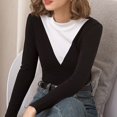 thumbnail image 4 of Thin Velvet Trim Half-Turtleneck Top With Stretch Contrast Blouse Underneath, 4 of 8