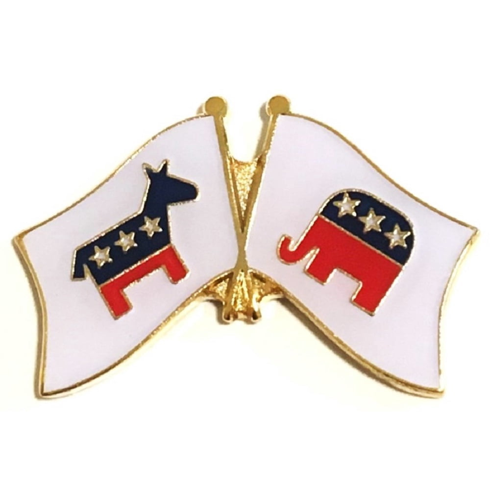 Pack of 3 Republican and Democrat Crossed Double Flag Lapel Pins, Three
