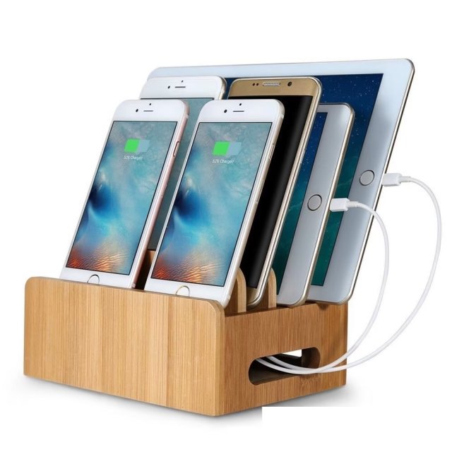 Soporte de carga de bambú para múltiples dispositivos con 4 puertos de carga USB 6 en 1 Soporte de carga USB para teléfono Tablet Smart Dock Charger Organizer JAMW Sencillez