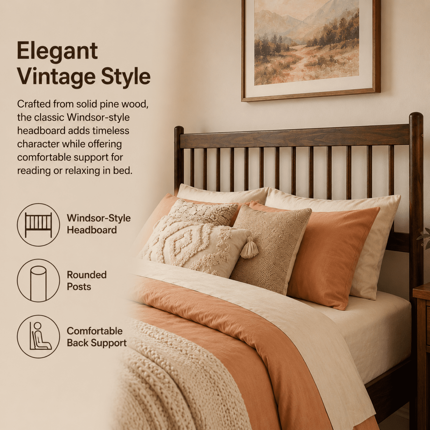 Miniyam Queen Pine Wood Platform Bed Frame with Spindle Headboard, 9.8" Underbed Storage, Walnut