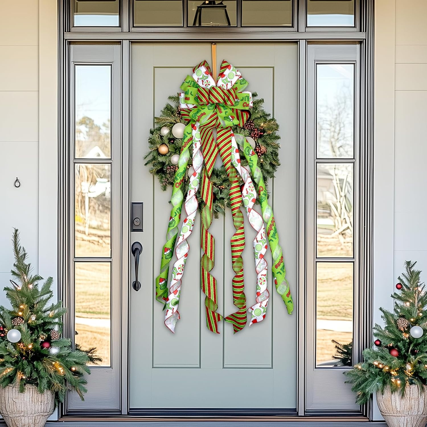 Large Christmas Tree Topper Bow 52x13 Inch, Pre-Tied Wired Ribbon Wreath Bows, Xmas Ornaments with Long Wired Edge Streamer for Holiday Thanksgiving Indoor Outdoor Party Decoration (Green)