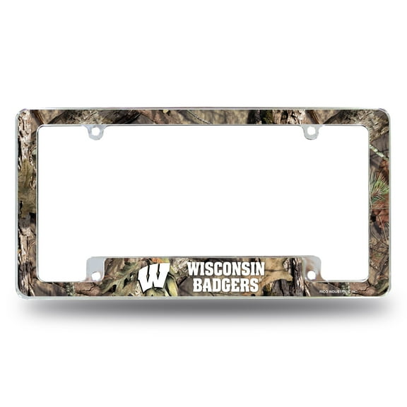 Wisconsin NCAA Badgers Chrome Metal License Plate Frame with Bold Mossy Oak Camouflaged Camo Design