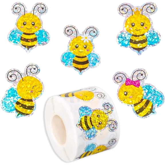 CCOCC 500Pcs Summer Bee Stickers Roll 1.5in Large Glitter Bumble Bee Seal Stickers 5 Designs Cartoon Animal Waterproof Classroom Reward Decals for Spring Bottle Scrapbook Journal Decor