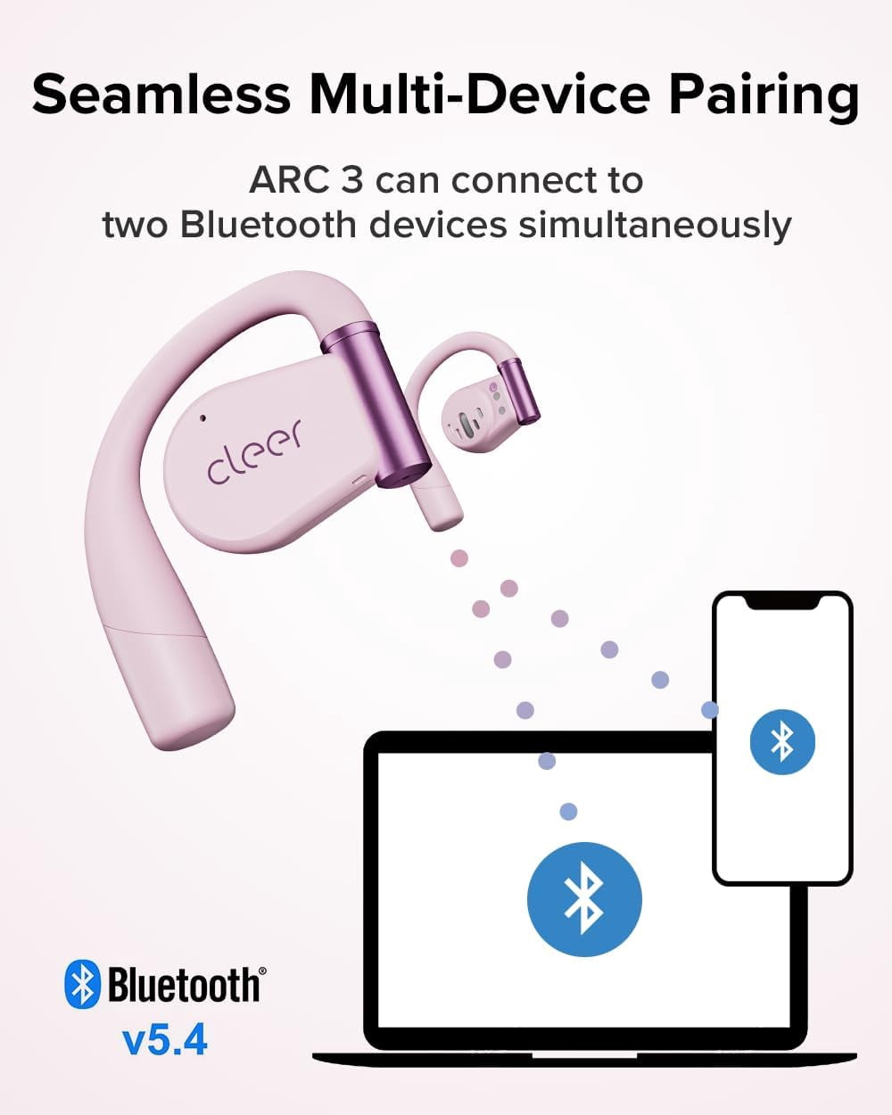 Cleer ARC3 Open Ear True Wireless Earbuds, IPX7 Water Resistant, Secure Earhooks, Built-in Microphone, Pink
