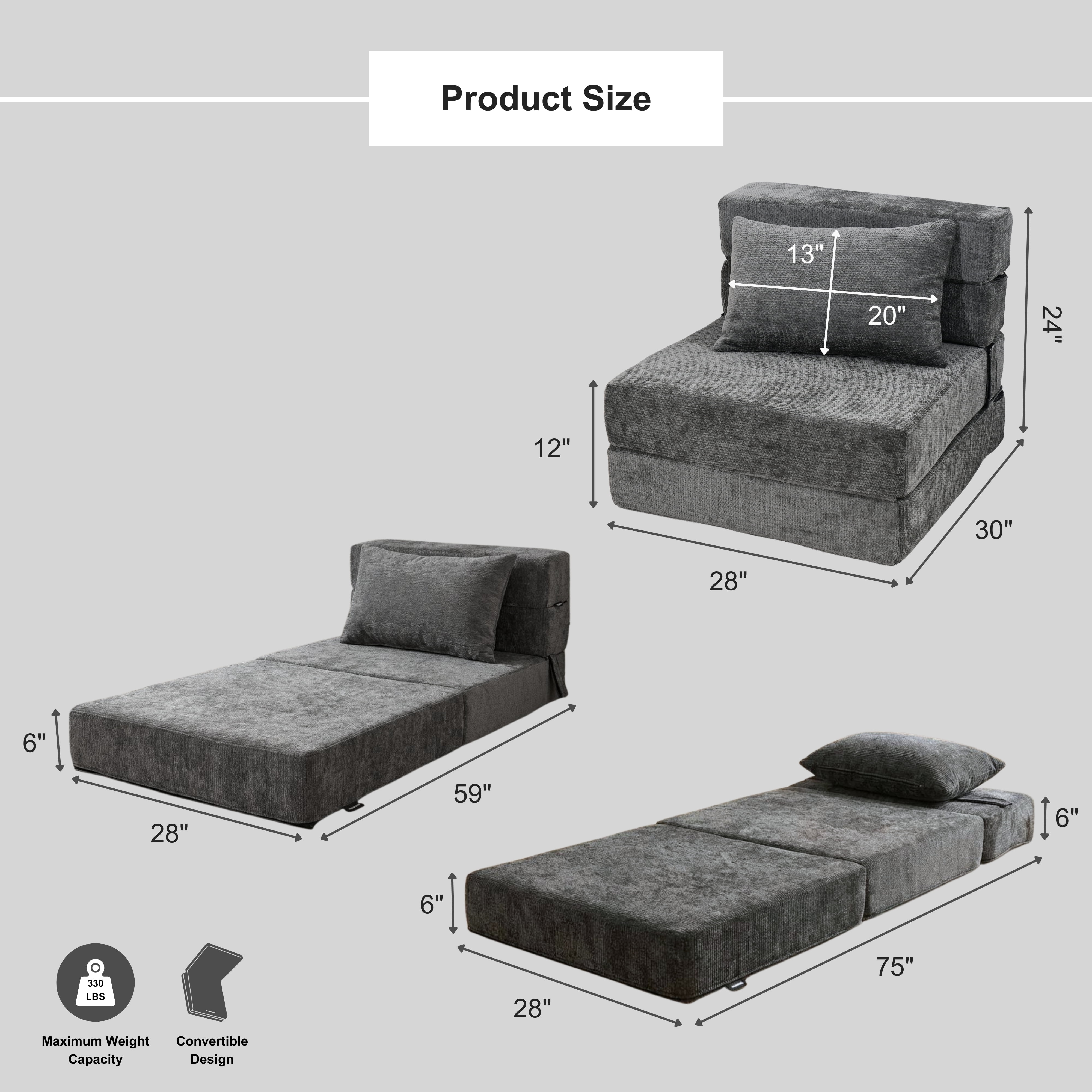 Oak and Birch 3-in-1 Folding Floor Sofa Bed, Convertible Floor Sofa to Chaise & Sleeper with Lumbar Pillow for Apartment, Dorm & Small Spaces, Chenille, Dark Gray