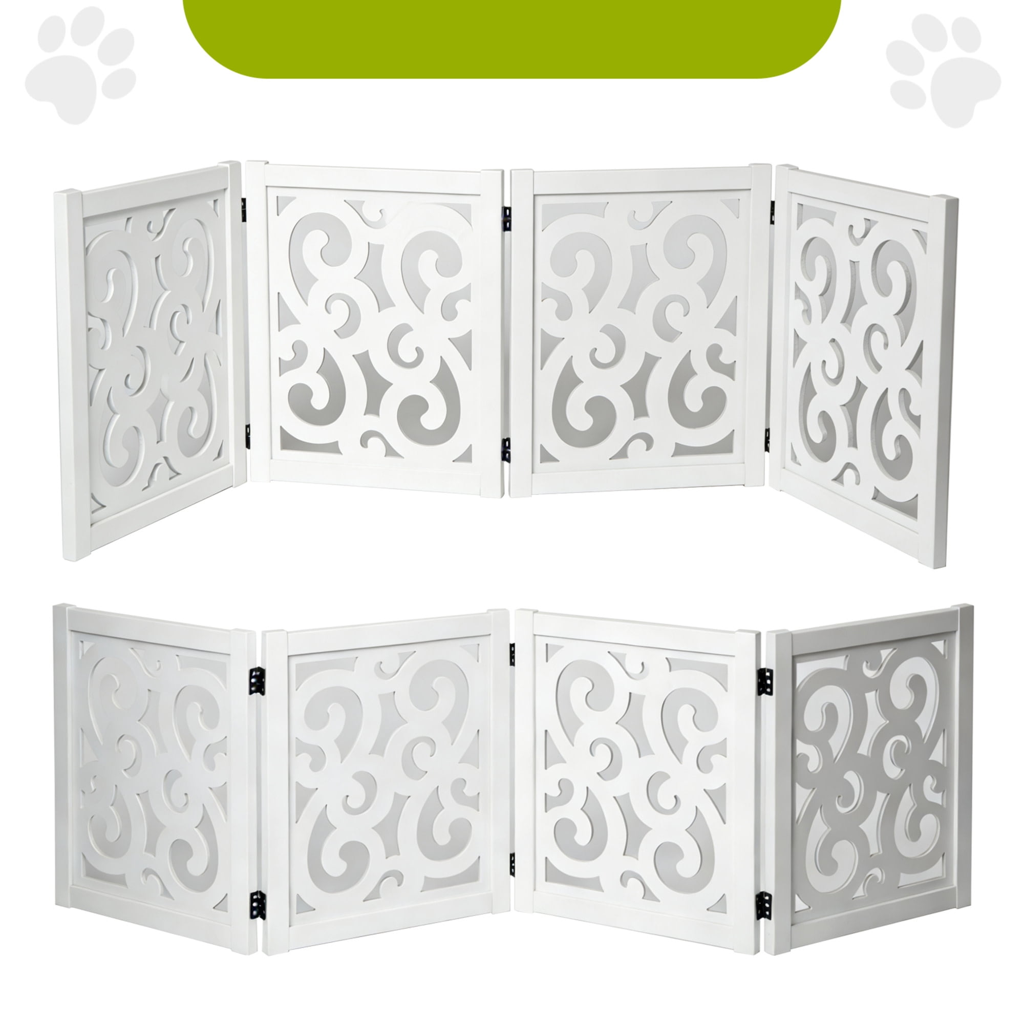 Ashfield & Harkness: 4-Panel Pet Gate - Scroll White - Wooden Foldable Freestanding Dog Fence, 80 x 23.5", Doorways-Halls-Stairs, 360 Rotated Hinges
