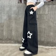 thumbnail image 6 of Girl's Elastic Waist Wide Leg Baggy Y2K Star Print Loose Pants Streetwear Black 12-13Years, 6 of 7