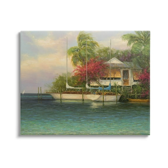 Tropical Boats Waterfront Scenery Landscape Painting Gallery Wrapped Canvas Print Wall Art