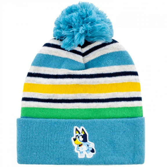 Bluey Blue Striped Big Kid Pom Cuffed Beanie