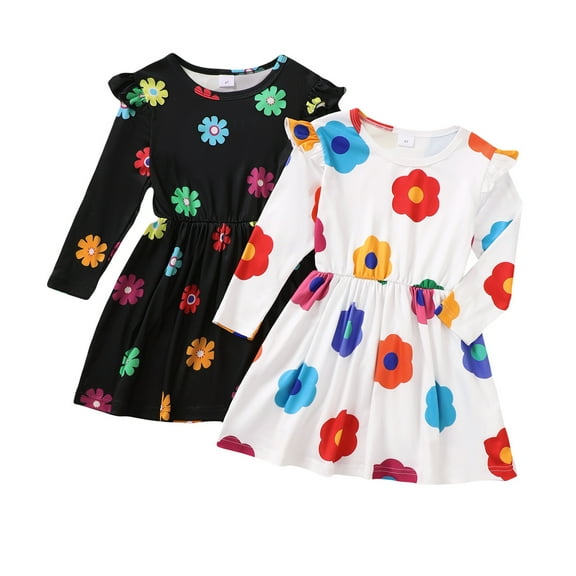 Toddler Girls Dress 3T Girls Fall Winter Dress 3T Girls Long Sleeve Dress Floral Dress 2PCS Set Black and White