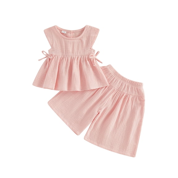 BemeyourBBs Toddler Baby Girl Summer Clothes 2 Pieces Cotton Linen Outfit Solid Bow Sleeveless Babydoll Tunic Shirt Tops and Wide Leg Shorts Set