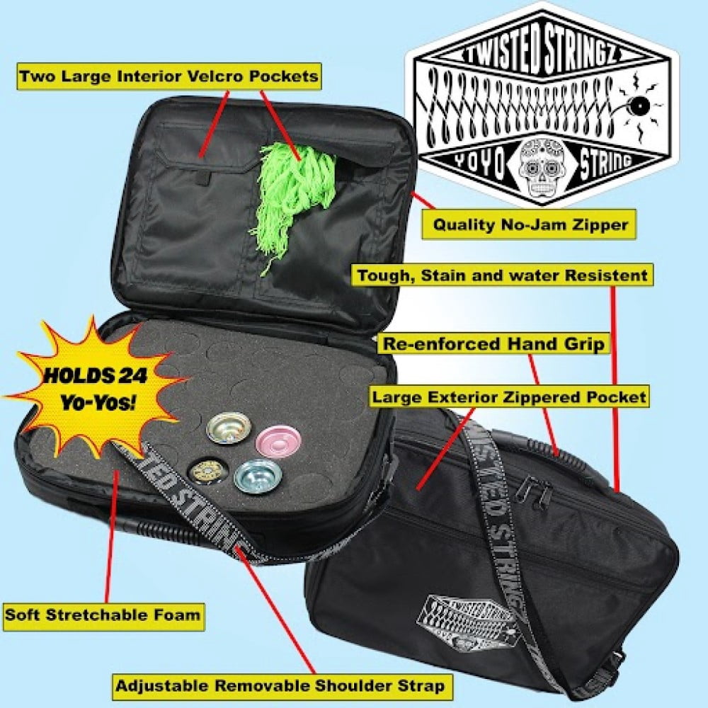 Twisted Stringz Deluxe Yo-Yo BIG Bag - YoYo Carry Case - Holds 24 Yo-Yos- Triple Stitch Shoulder Strap - Double Graphics (Black)