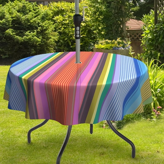 Strips Print Outdoor Tablecloth with Umbrella Hole for Round Table, Waterproof Colorful Patio Table Cloth with Zipper - 60 x 60 inches