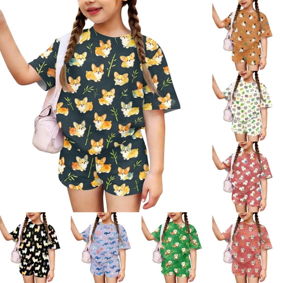 Grblisyd Girls Outfits Size 10-12 Cute Short Sleeve Crew Neck T-Shirts and Elastic Waist Shorts Kids Fashion Animal Print Clothing Sets