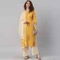 thumbnail image 3 of Janasya Indian Round Neck 3/4 Sleeve Striped Yellow Cotton Kurta With Palazzo And Dupatta For Women, 3 of 9