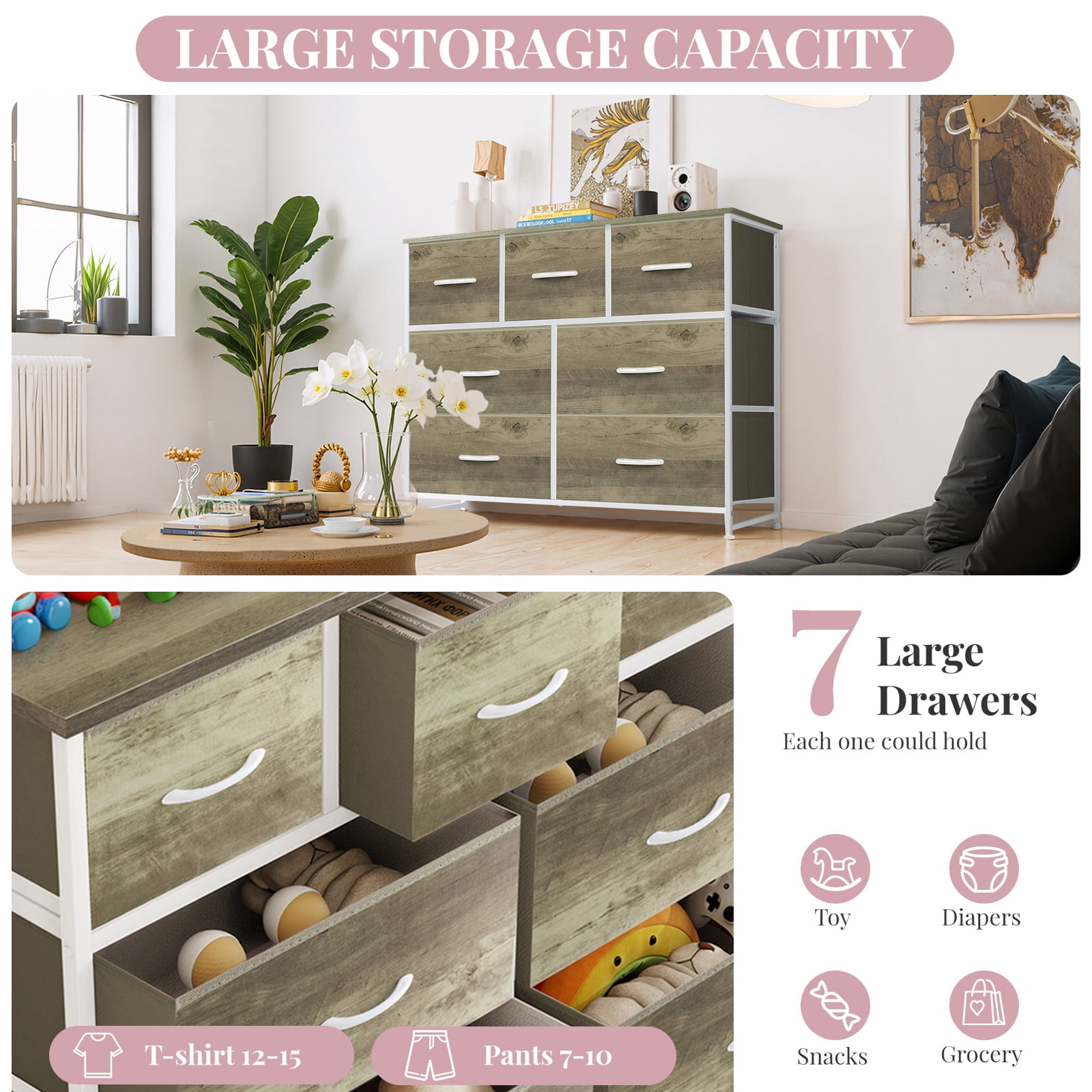 Dresser, Betcozy Storage Organizer with 7 Drawers for Bedroom, Chest of Drawers with Fabric Bins, Sturdy Metal Frame, Wood Tabletop for Guest Room, Closet, Entryway, Nursery, Smoked ash