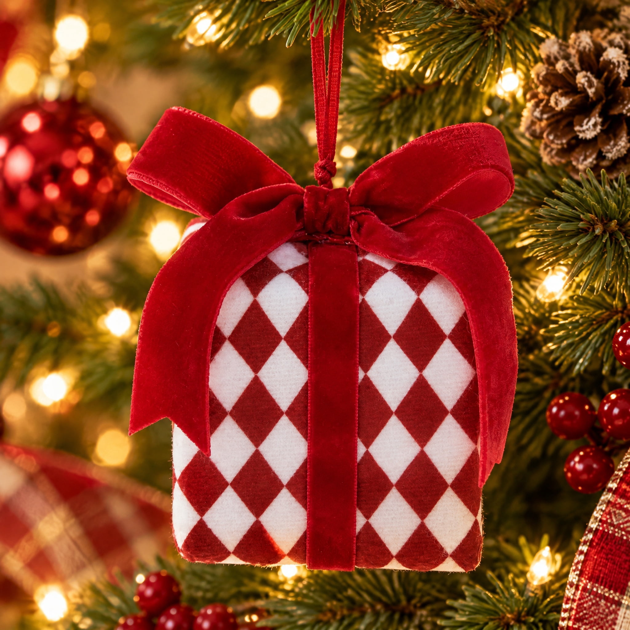 Red and White Diamond Gift Box Christmas Ornament, 3.5", by Holiday Time