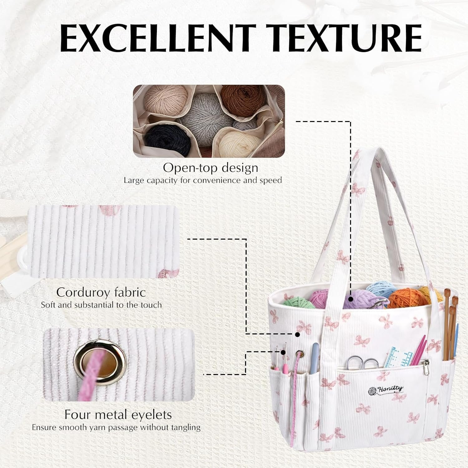 Crochet Bag, Corduroy Tote Bags with  Holders Grommets, Large Capacity Four Compartment Yarn Storage for Women