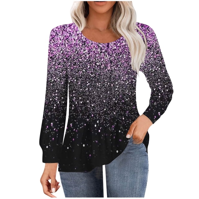 HKEJIAOI Tunique à Manches Longues Bouffantes pour Femmes Blouses Plissées Décontractées Col Rond T-Shirts Mode Automne 2024 S
