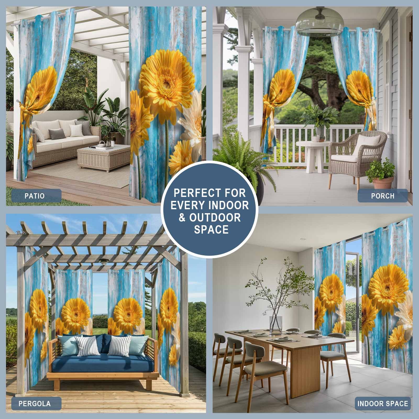 White and Yellow Daisy Outdoor Curtains for Patio, Minimalist Art Floral Blue Wood Grain Sunshade Privacy Drapes Grommet Waterproof Outside Curtains for Porch/Cabana/Balcony 54"x 108", 1 Panel
