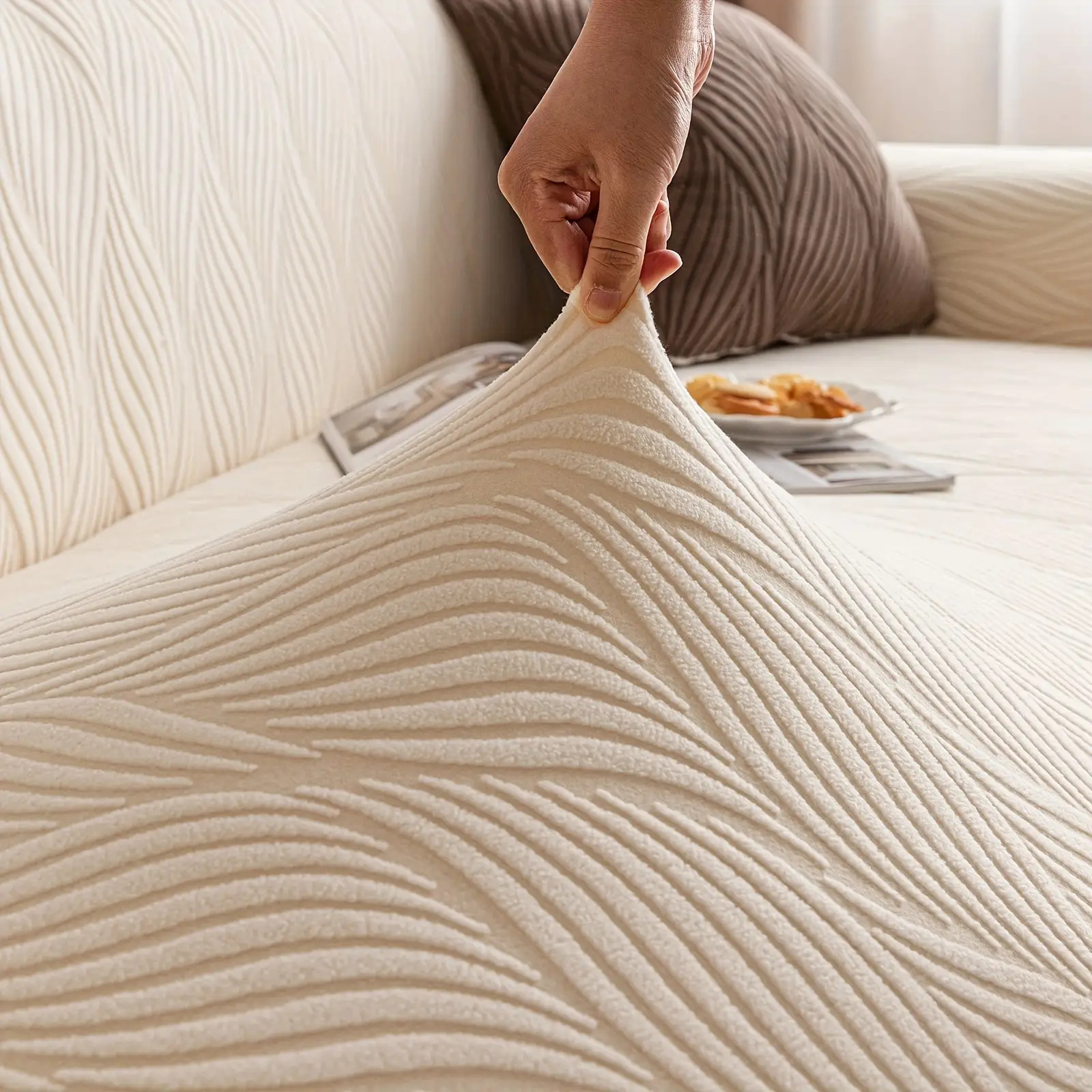 1pc Art Leaf Jacquard Sofa Cover - One-Piece Full Coverage Stretch Sofa Protector with Elastic Jacquard, Non-Slip Pet-Friendly Design for Sectional Sofas,Modern Home Decor (Includes Bonus Pillowcase)