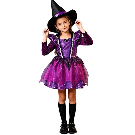 WERYOUNG Girls Halloween Dress Up Outfits Long Sleeve Witch Dress Matching Hat Kids Fancy Party Performance Dresses Sets Soft Clothing Sets 6-7 Years