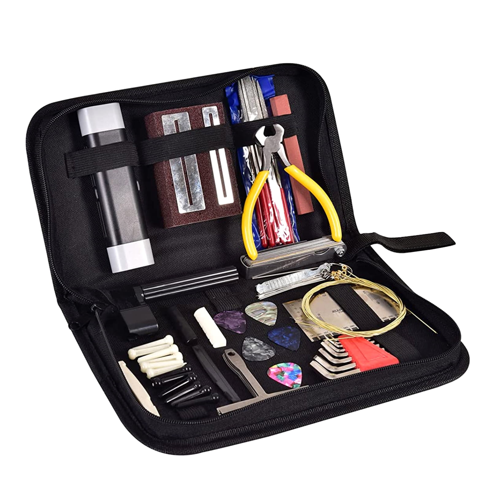 Guitar Tool Kit Luthier Music 74 PCS Guitar Tool Kit with Carry Bag, Repair Maintenance Tools String Action Ruler Guitar Bridge Pins Strings Picks for Guitar Ukulele Bass Banjo, String Instrument