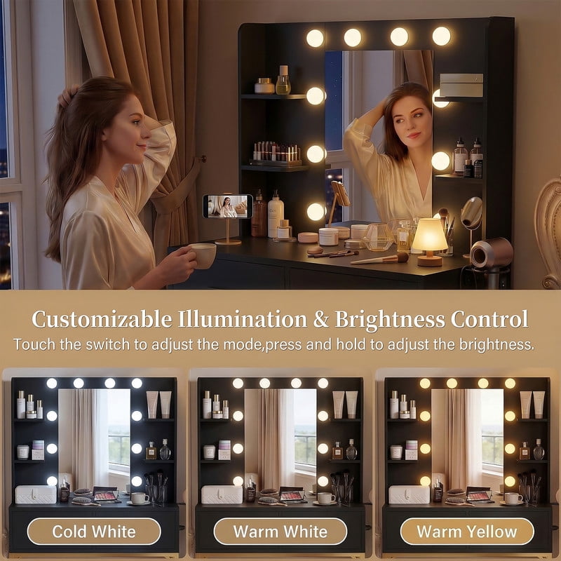 Treevan Black & Gold Makeup Vanity Desk with Hollywood LED Mirror, Charging Station, 3 Color Dimmable Lights for Bedroom
