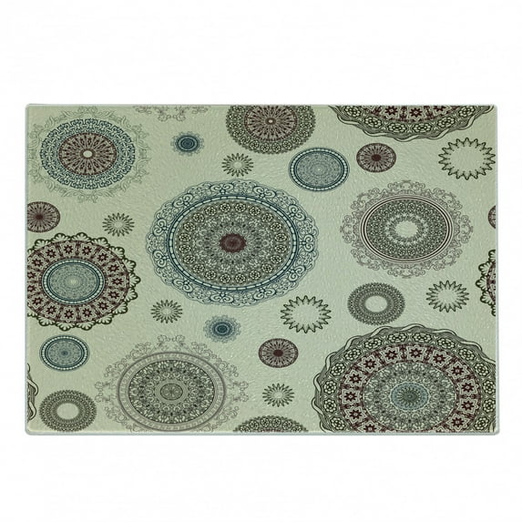 Beige Cutting Board, Vintage Ornate Round Motifs Forms Oriental Nostalgic Art Old World in Retro Style, Decorative Tempered Glass Cutting and Serving Board, Small Size, Multicolor, by Ambesonne